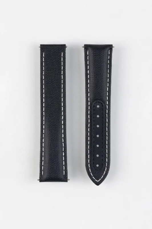 Artem Straps Loop-less™ Black Sailcloth Watch Strap with White Stitching