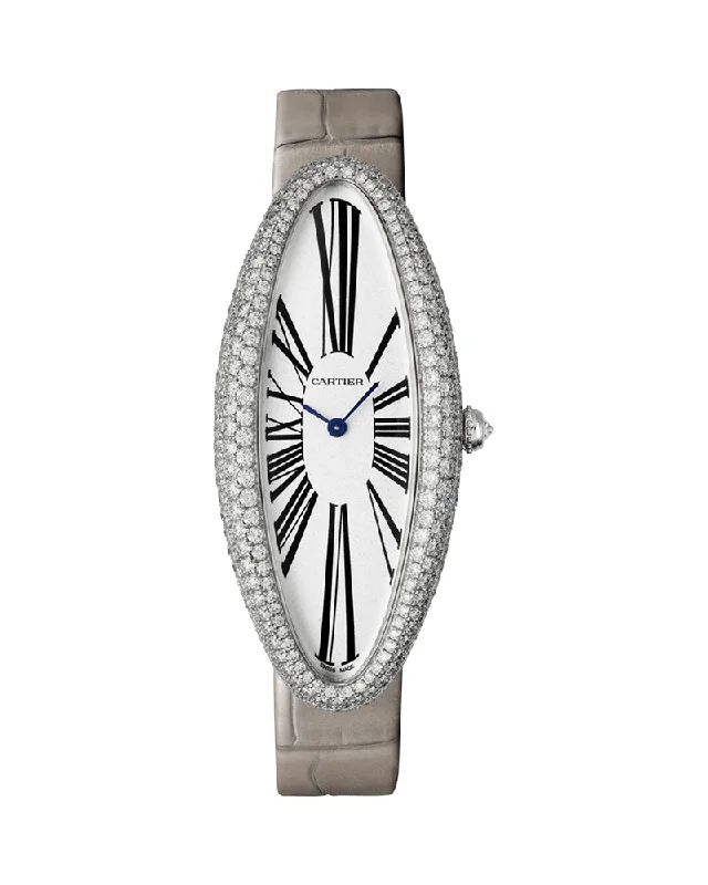 BAIGNOIRE ALLONGEE WATCH, EXTRA LARGE MODEL, RHODIUM-FINISH WHITE GOLD, DIAMONDS