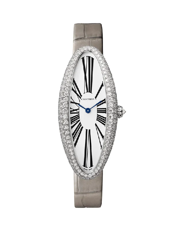 BAIGNOIRE ALLONGEE WATCH, MEDIUM MODEL, RHODIUM-FINISH 18K WHITE GOLD, DIAMONDS