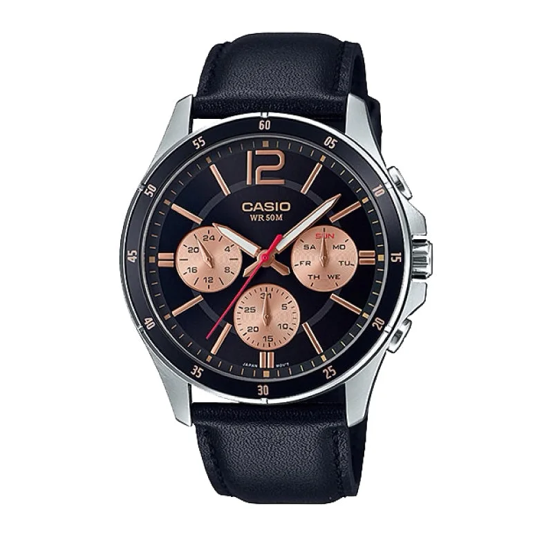 Casio Men's Multi-Hand Black Leather Strap Watch MTP1374L-1A2 MTP-1374L-1A2