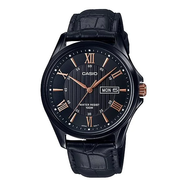 Casio Men's Analog Black Leather Band Watch MTP1384BL-1A2 MTP-1384BL-1A2