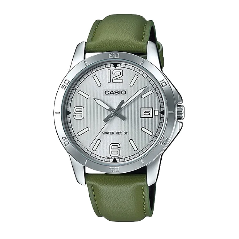 Casio Men's Standard Analog Green Leather Strap Watch MTPV004L-3B MTP-V004L-3B