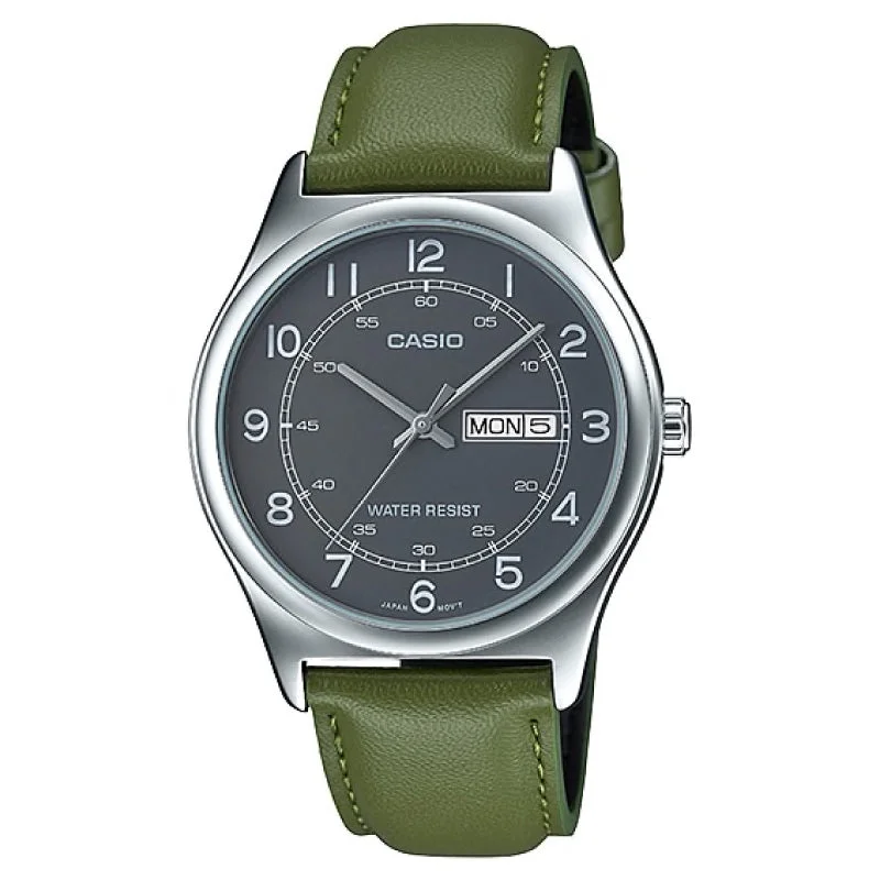 Casio Men's Standard Analog Green Leather Strap Watch MTPV006L-3B MTP-V006L-3B