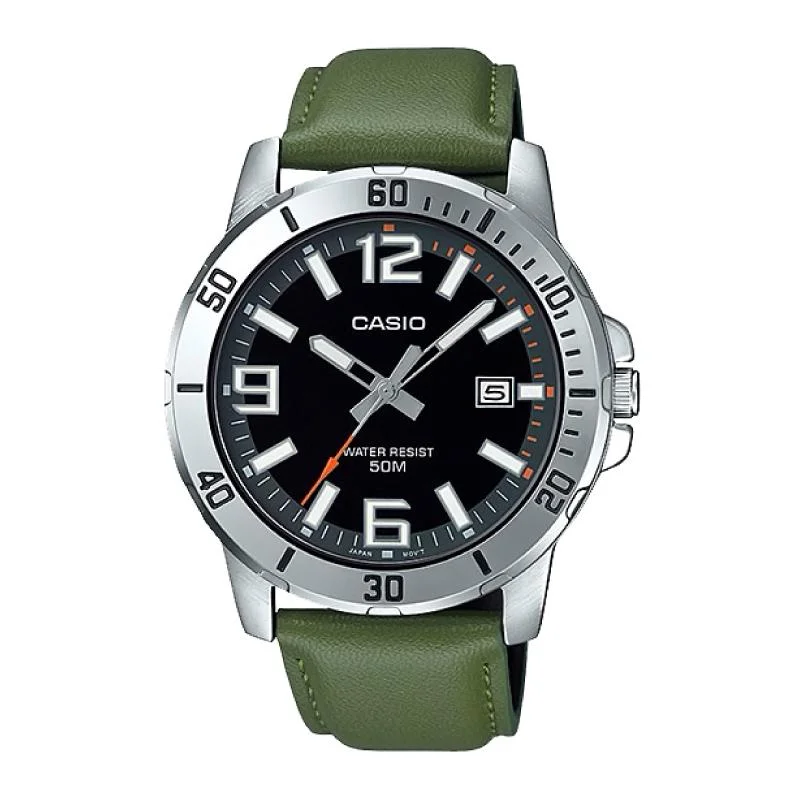 Casio Men's Diver Look Green Leather Strap Watch MTPVD01L-3B MTP-VD01L-3B