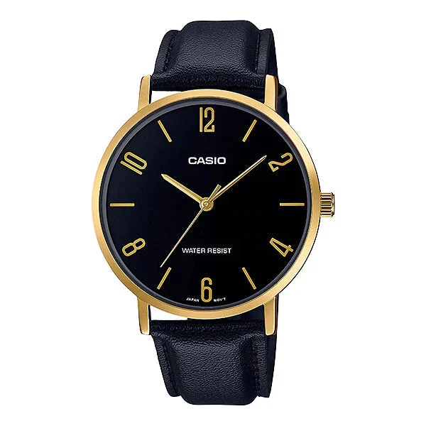 Casio Men's Analog Black Leather Strap Watch MTPVT01GL-1B2 MTP-VT01GL-1B2