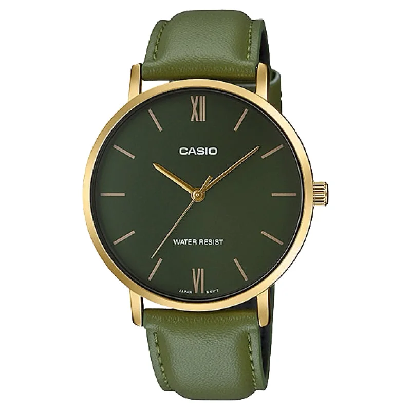 Casio Men's Analog Green Leather Strap Watch MTPVT01GL-3B MTP-VT01GL-3B