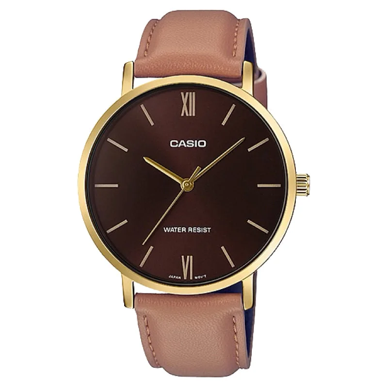 Casio Men's Analog Brown Leather Strap Watch MTPVT01GL-5B MTP-VT01GL-5B