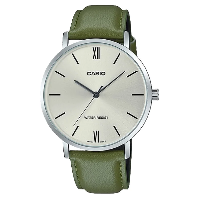 Casio Men's Analog Green Leather Strap Watch MTPVT01L-3B MTP-VT01L-3B