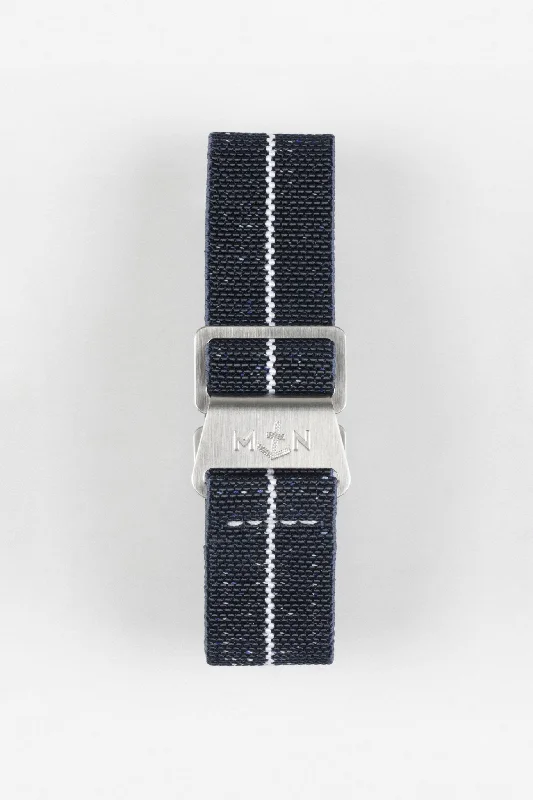 Erika's Originals INDIGO DENIM MN™ Strap with WHITE Centerline - BRUSHED Hardware