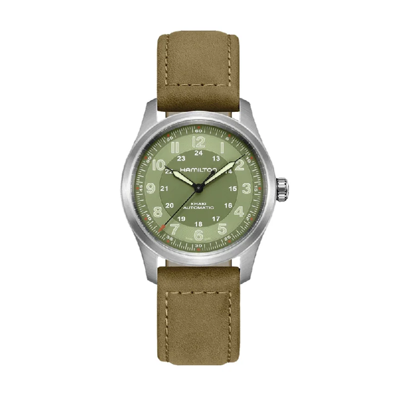 Khaki Field Titanium Auto 38mm - Green on Leather Strap