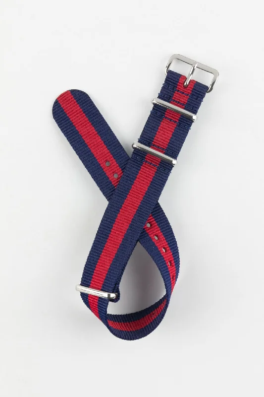 Nylon Watch Strap in BLUE with Wide RED Stripe - Polished Buckle & Keepers