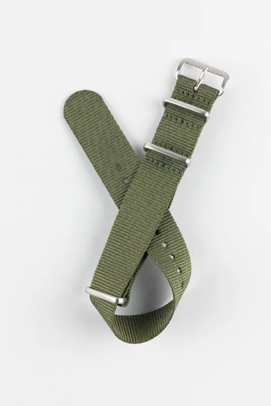 Nylon Watch Strap in OLIVE GREEN with Brushed Buckle & Keepers