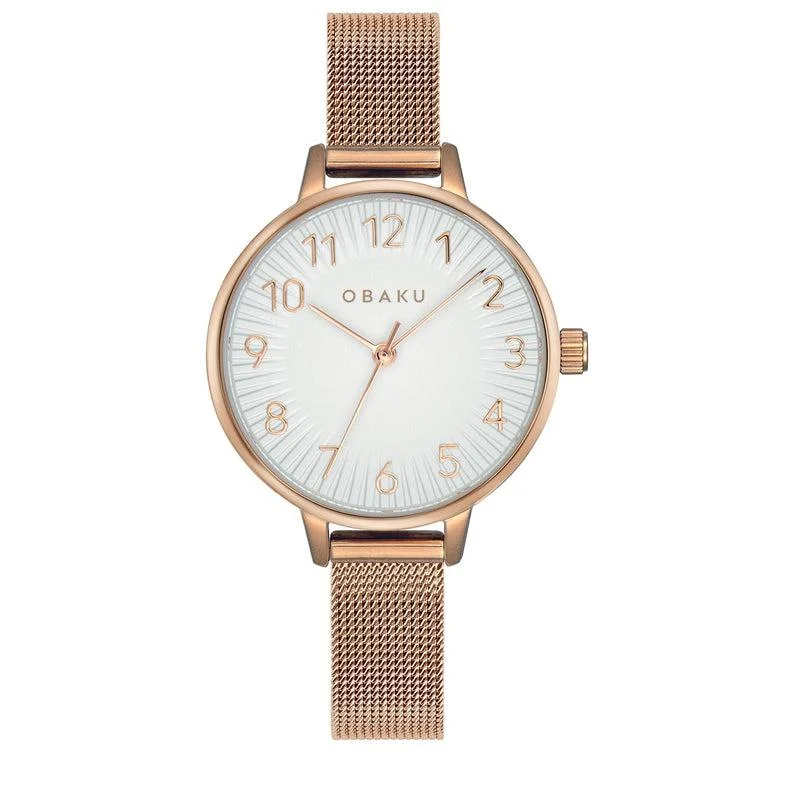 Obaku Syren-Rose Lds White Dial Rose Gold Mesh Strap V237LXVIMV