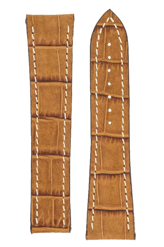 Omega-Style Alligator Embossed Leather Deployment Watch Strap in GOLD BROWN