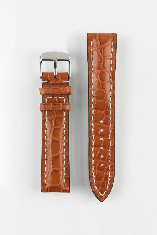 RIOS1931 AMBASSADOR Genuine Alligator Flank Padded Watch Strap in COGNAC