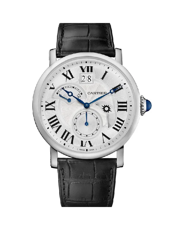 ROTONDE DE CARTIER, LARGE DATE, RETROGRADE SECOND TIME ZONE AND DAY NIGHT INDICATOR, 42MM, STEEL, LEATHER