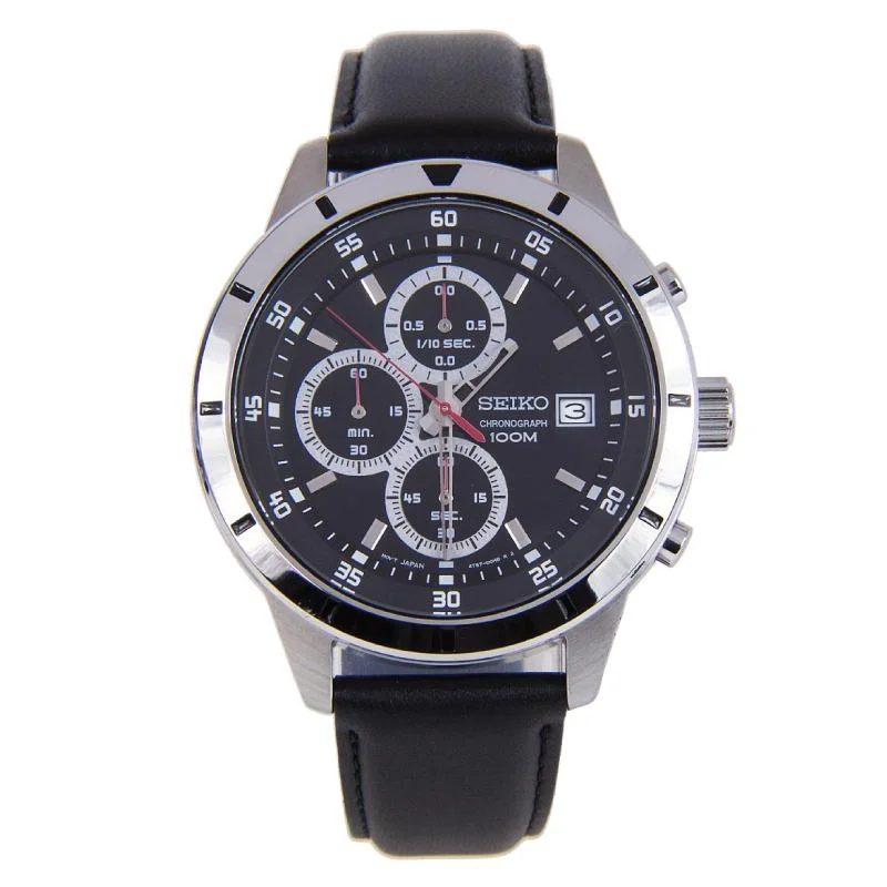 Seiko Chronograph Black Calf Leather Strap Watch SKS571P1