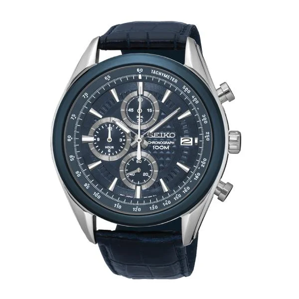 Seiko Chronograph Blue Calf Leather Strap Watch SSB177P2