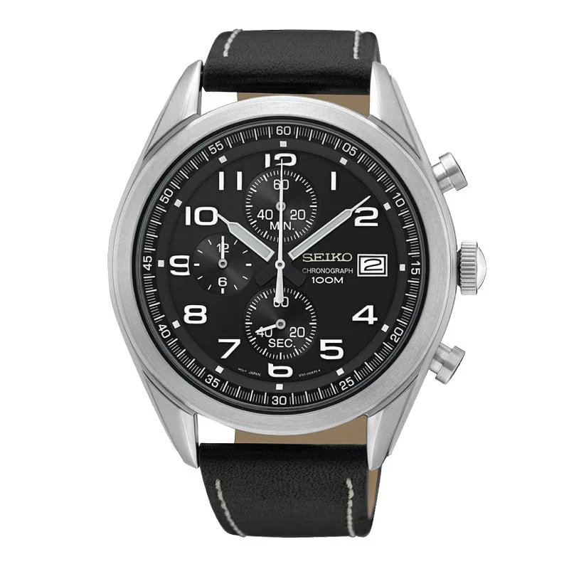 Seiko Chronograph Black Calf Leather Strap Watch SSB271P1