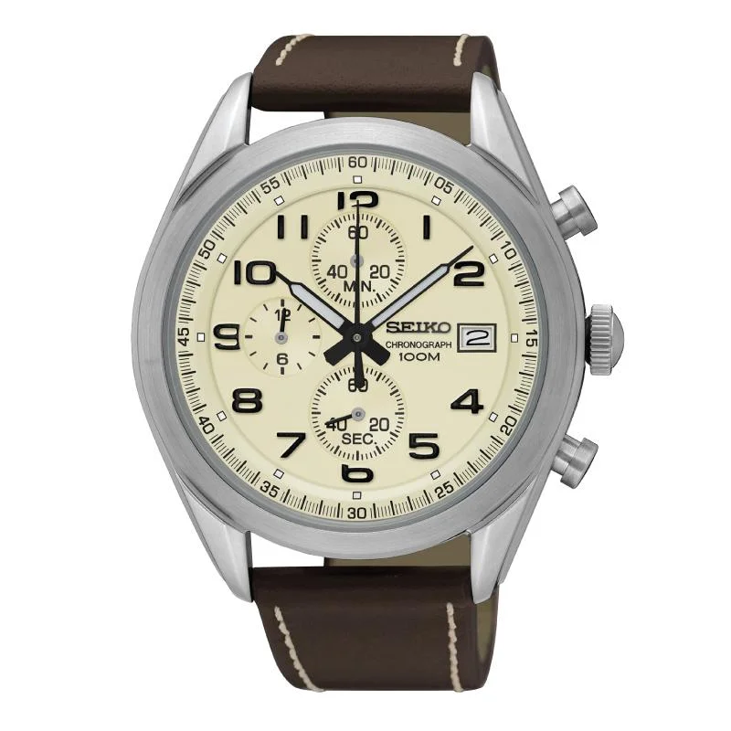 Seiko Chronograph Brown Calf Leather Strap Watch SSB273P1