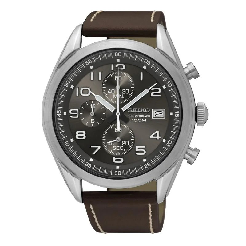 Seiko Chronograph Brown Calf Leather Strap Watch SSB275P1