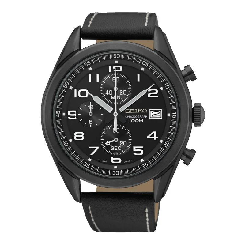 Seiko Chronograph Black Calf Leather Strap Watch SSB277P1