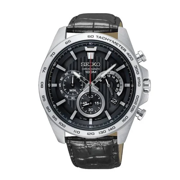 Seiko Chronograph Black Calf Leather Strap Watch SSB305P1