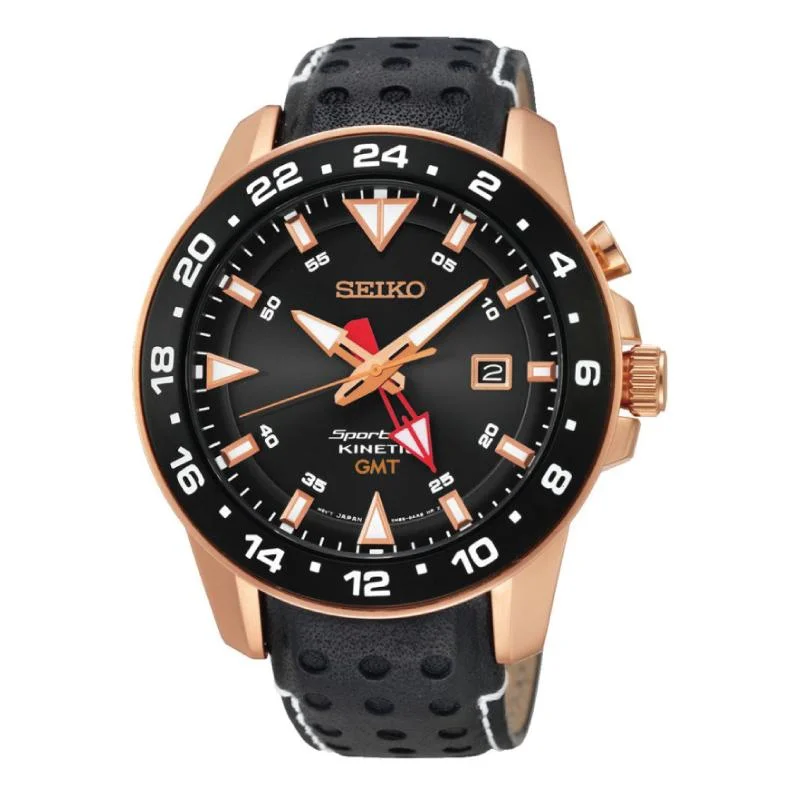 Seiko Sportura Kinetic GMT Black Calfskin Strap Watch SUN028P1 (Not For EU Buyers)