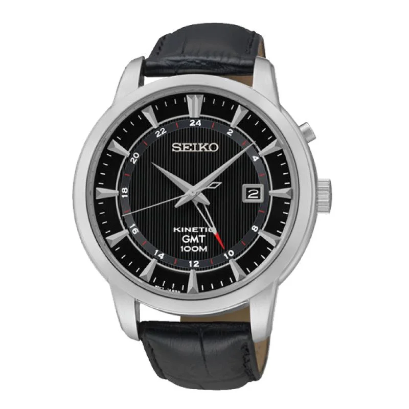 Seiko Kinetic GMT Black Calf Leather Strap Watch SUN033P2