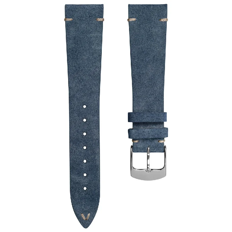 Stanway Vintage V-Stitch Genuine Italian Suede Watch Strap - Indigo Blue