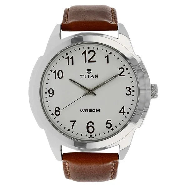 Titan Quartz Analog White Dial Leather Strap Watch for Men 1585sl07