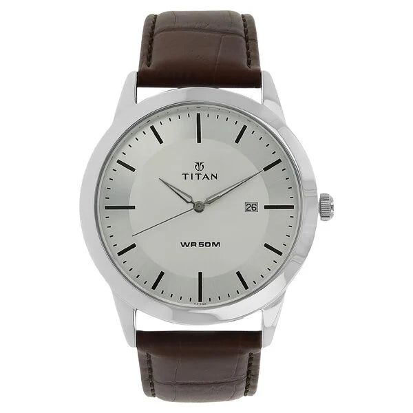 Titan Classic Silver Dial Analog with Date Leather Strap watch for Men 1584sl03