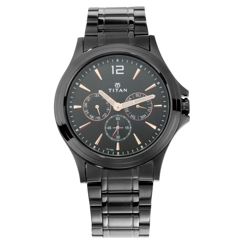 Titan Quartz Multifunction Black Dial Stainless Steel Strap Watch for Men 1698nm01