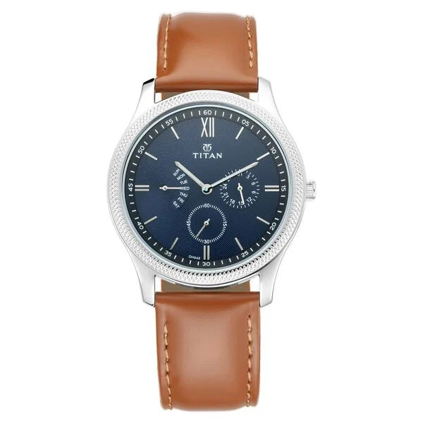 Titan Quartz Multifunction Blue Dial Leather Strap Watch for Men 1768sl03