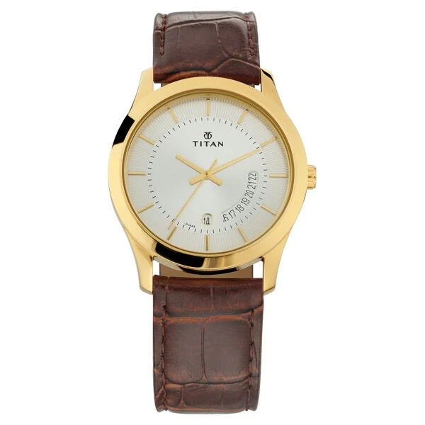 Titan Quartz Analog with Date Silver Dial Leather Strap Watch for Men 1823yl01