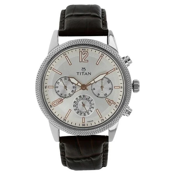 Titan Quartz Multifunction Silver Dial Leather Strap Watch for Men 1734sl01